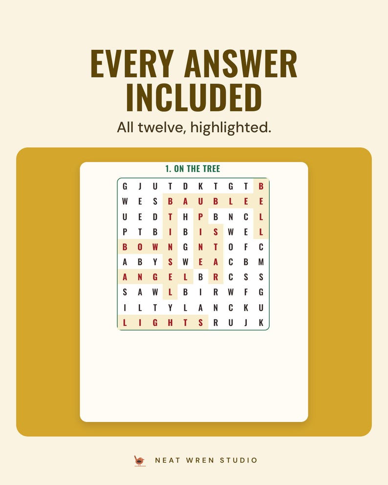 The answer page for the On the tree puzzle with every hidden word highlighted in red, under the headline Every answer included, and the line All twelve, highlighted.