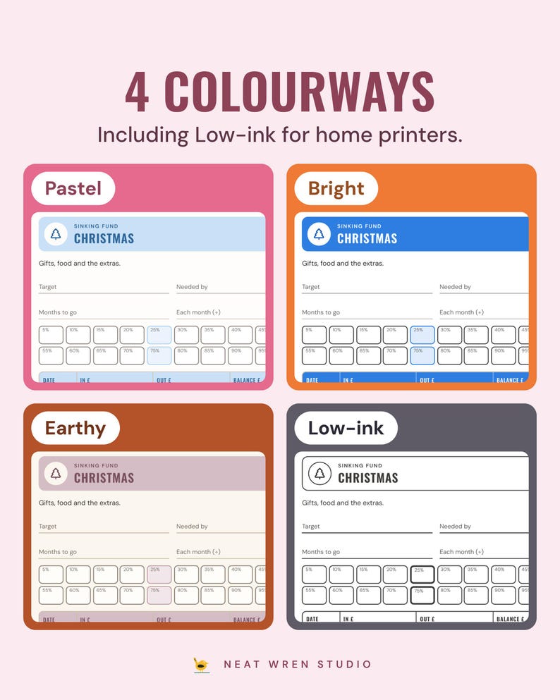 The Christmas sinking fund insert in Pastel, Bright, Earthy and Low-ink colourways.