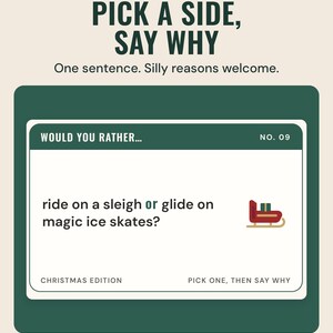 A would you rather card asking ride on a sleigh or glide on magic ice skates, under the headline Pick a side, say why.