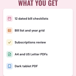 A white card under the headline What you get: 12 dated bill checklists, a bill list and year grid, a subscriptions review, A4 and US Letter PDFs and a dark tablet PDF.