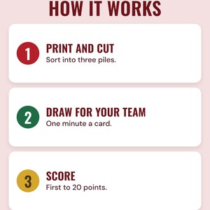 Three numbered steps under the headline How it works: print and cut the cards into three piles, draw for your team for one minute a card, and score until a team reaches 20 points.