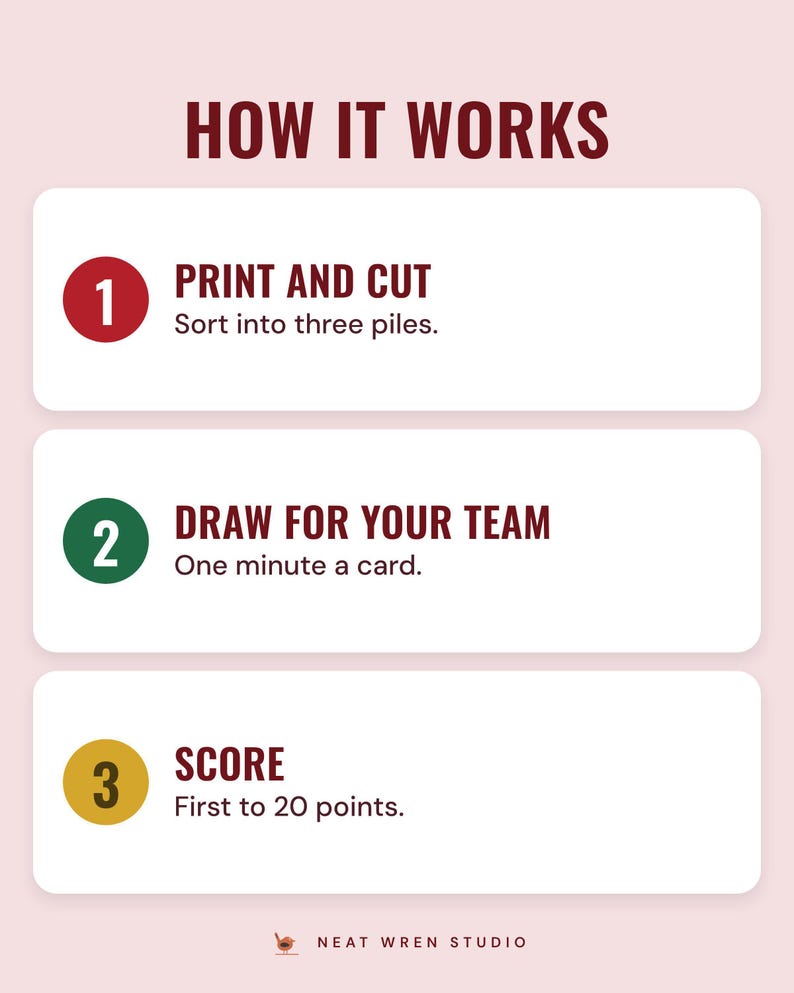 Three numbered steps under the headline How it works: print and cut the cards into three piles, draw for your team for one minute a card, and score until a team reaches 20 points.