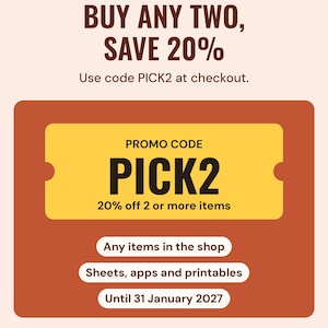 Promo card: buy any two or more items from Neat Wren Studio and use code PICK2 at checkout for 20% off, until 31 January 2027.