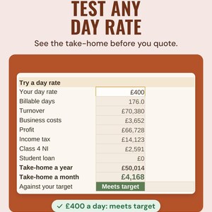 A £400 day rate tested against take-home of £4,168 a month, meets target, under the headline Test any day rate, and the line See the take-home before you quote.