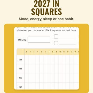 The 2027 in squares page, a grid with a square for every day from January to April, under the headline 2027 in squares, for mood, energy, sleep or one habit.