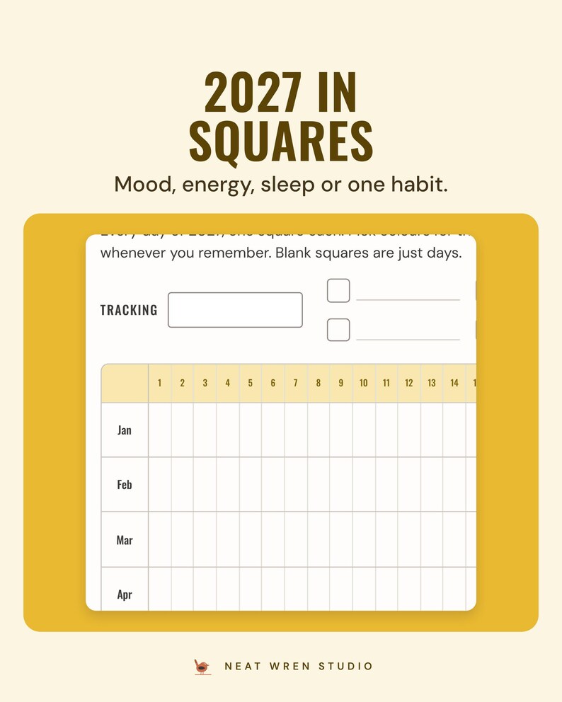 The 2027 in squares page, a grid with a square for every day from January to April, under the headline 2027 in squares, for mood, energy, sleep or one habit.