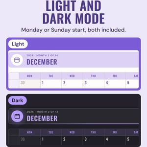 The December 2026 month page header and calendar shown in the light version and in the dark version.