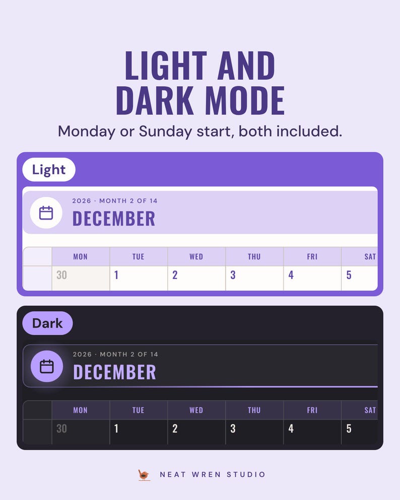 The December 2026 month page header and calendar shown in the light version and in the dark version.