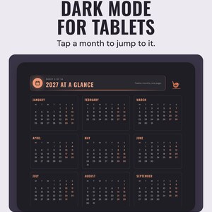 A tablet showing the 2027 at a glance page in dark mode, under the headline Dark mode for tablets, and the line Tap a month to jump to it.