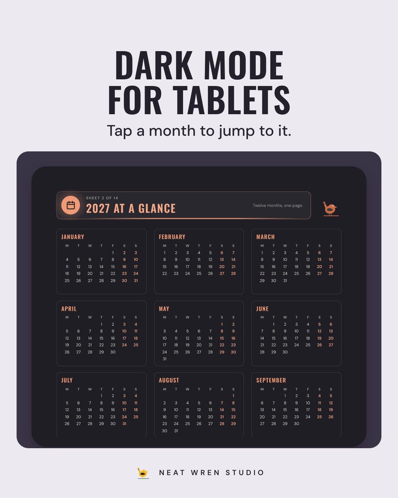 A tablet showing the 2027 at a glance page in dark mode, under the headline Dark mode for tablets, and the line Tap a month to jump to it.
