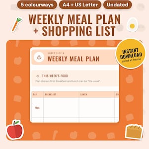 Weekly Meal Planner Printable: main listing photo showing the product with an 'Instant download' badge and flat carrot, egg, apple and loaf icons. Digital product from Neat Wren Studio.
