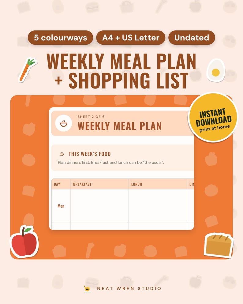 Weekly Meal Planner Printable: main listing photo showing the product with an 'Instant download' badge and flat carrot, egg, apple and loaf icons. Digital product from Neat Wren Studio.