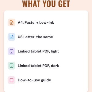 What you get: A4 Pastel and Low-ink, US Letter, linked tablet PDF light, linked tablet PDF dark, how-to-use guide.