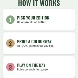 How it works: pick your edition, print a colourway at 100 percent, play on the day with the rules on each game's first page.