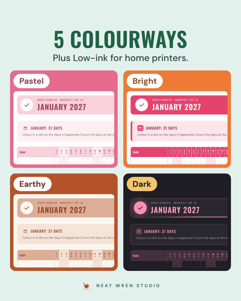 The January 2027 habit tracker in four colourways, Pastel, Bright, Earthy and Dark, under the headline 5 colourways, plus low-ink for home printers.