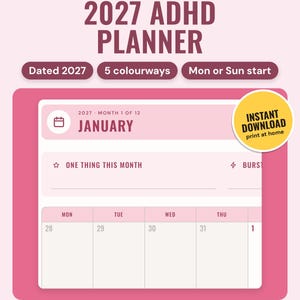 2027 ADHD Planner Printable and Tablet PDF: main listing photo showing the product with an 'Instant download' badge. Digital product from Neat Wren Studio.