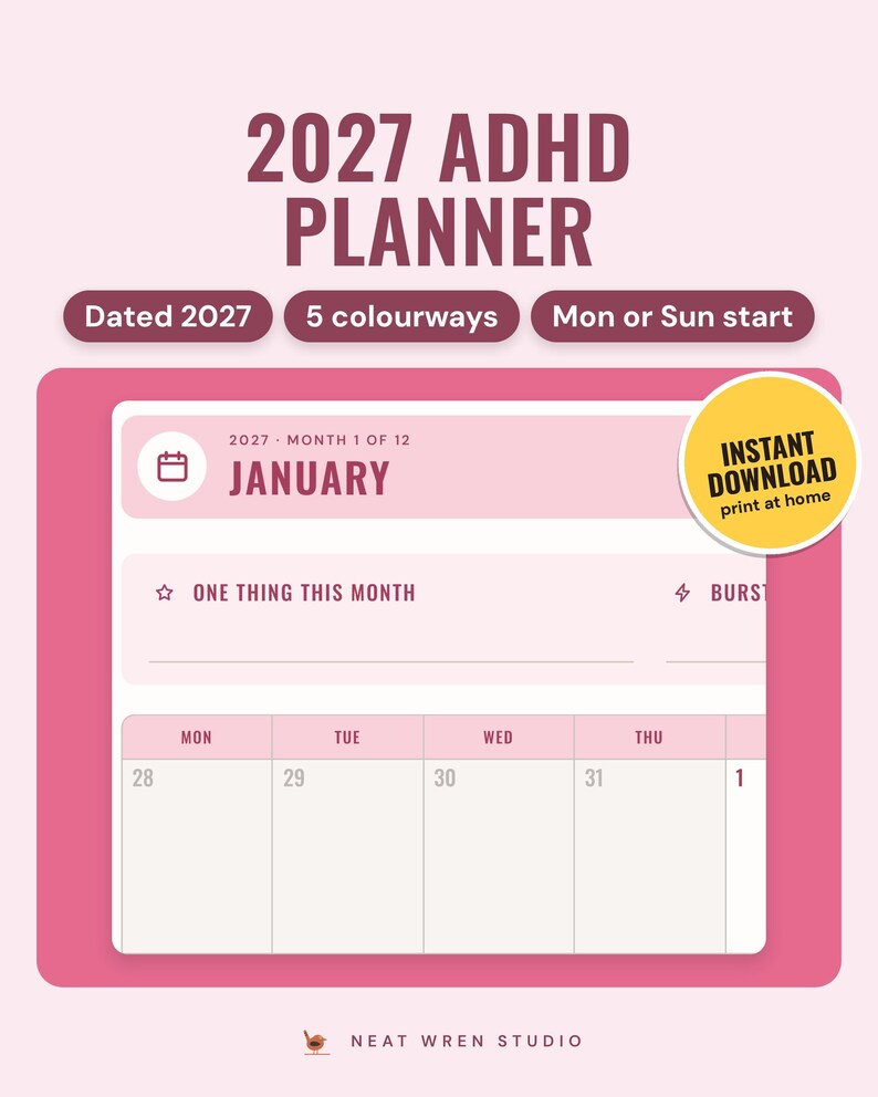 2027 ADHD Planner Printable and Tablet PDF: main listing photo showing the product with an 'Instant download' badge. Digital product from Neat Wren Studio.