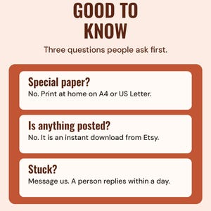 Good to know: no special paper, print at home on A4 or US Letter; nothing is posted; message the shop if you get stuck.