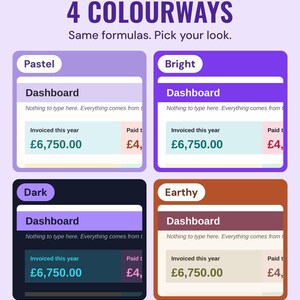 The invoice dashboard with £6,750.00 invoiced this year in four colourways, Pastel, Bright, Dark and Earthy, under the headline 4 colourways.