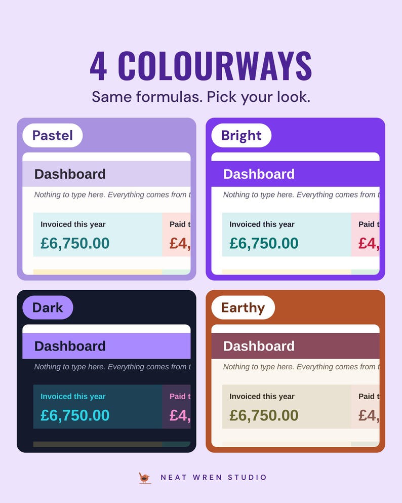 The invoice dashboard with £6,750.00 invoiced this year in four colourways, Pastel, Bright, Dark and Earthy, under the headline 4 colourways.