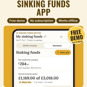 Sinking funds app on a phone: set aside £264.81 this payday, with a Free demo sticker