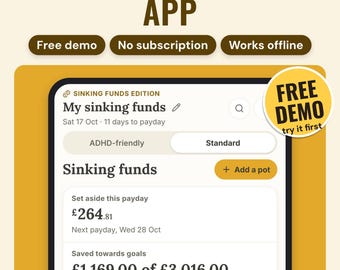 Pode incluir: Uma interface digital para um aplicativo Sinking Funds exibida em uma tela. O painel mostra My sinking funds, opções ADHD-friendly e Standard, um botão Add a pot e dados financeiros, incluindo £264.81 e £1,169.00 de £3,016.00 economizados.