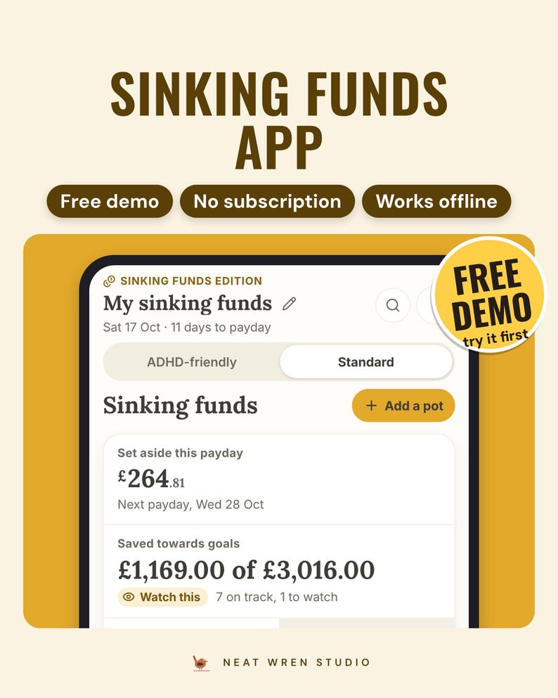 Sinking funds app on a phone: set aside £264.81 this payday, with a Free demo sticker