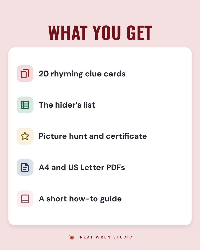 A white card under the headline What you get: 20 rhyming clue cards, the hider's list, a picture hunt and certificate, A4 and US Letter PDFs and a short how-to guide.