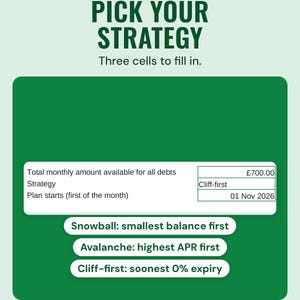 Three input cells for the monthly amount, strategy and start date, with snowball, avalanche and cliff-first options, under the headline Pick your strategy.