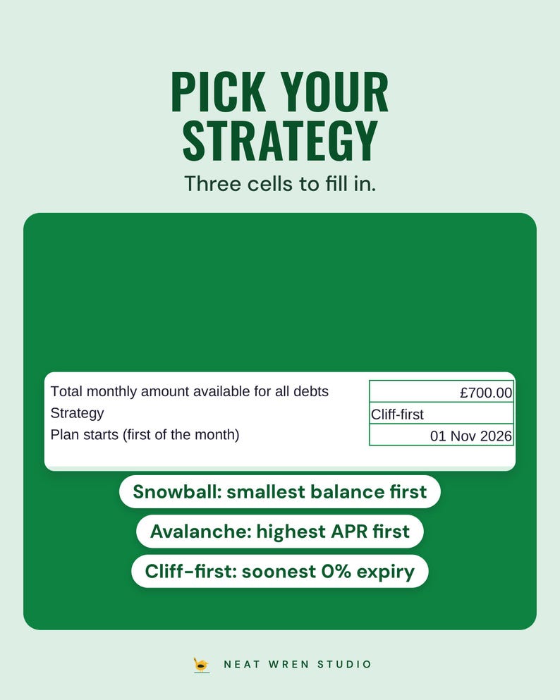 Three input cells for the monthly amount, strategy and start date, with snowball, avalanche and cliff-first options, under the headline Pick your strategy.