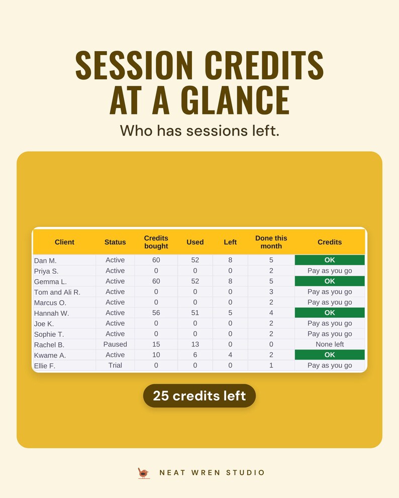 Session credits tab with credits bought, used and left for each client