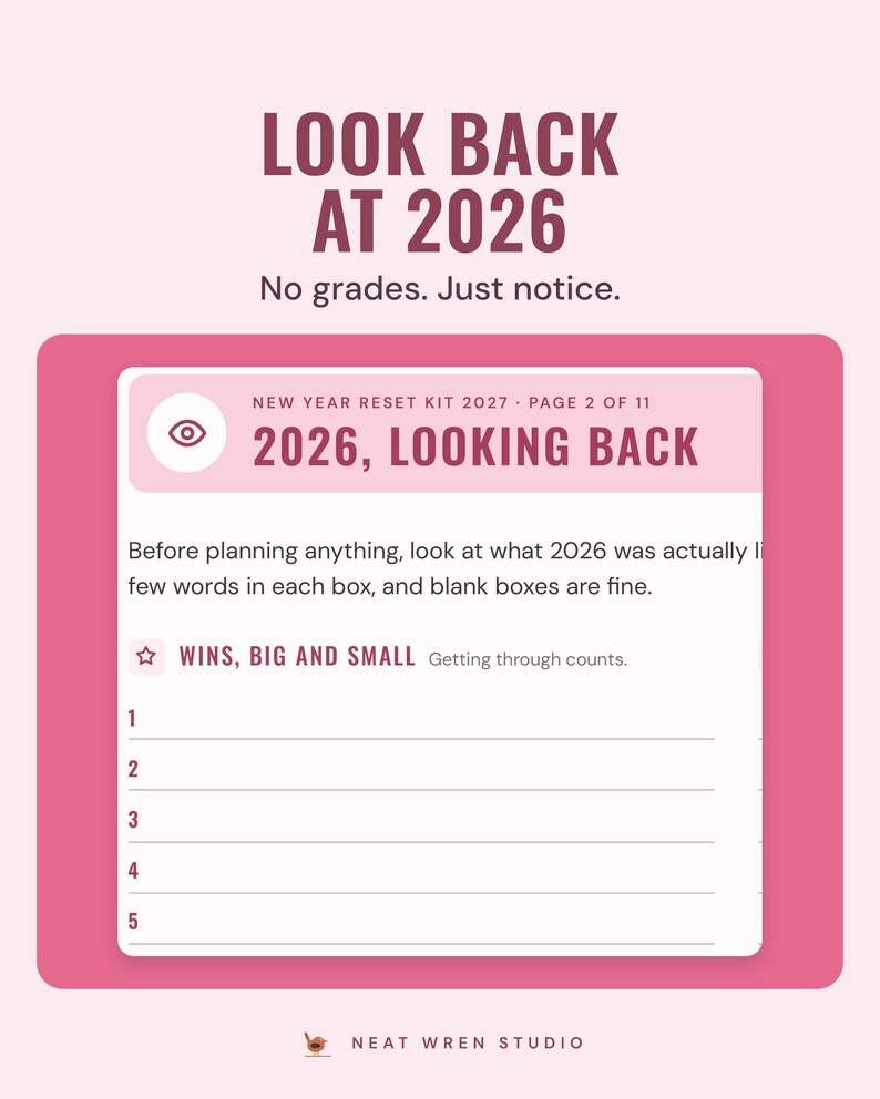 2026 looking back page with five numbered lines for wins, big and small.