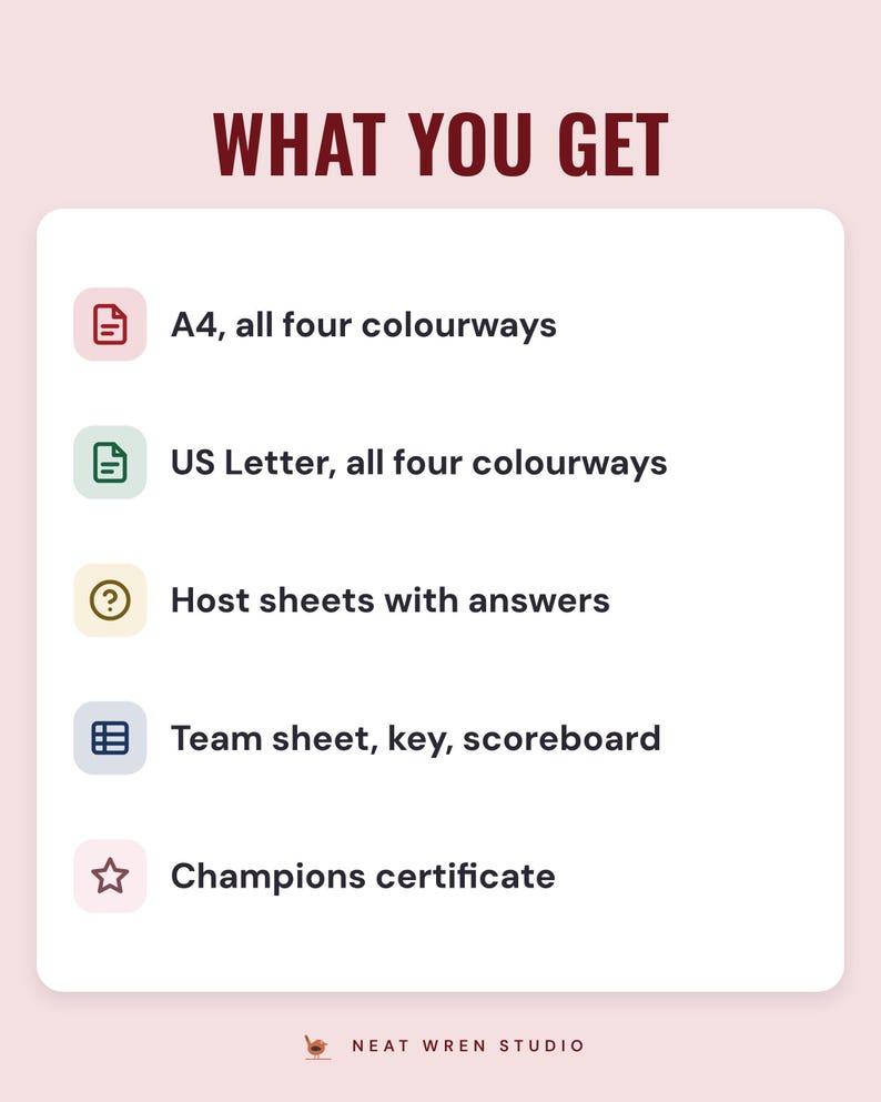A white card under the headline What you get: A4, all four colourways; US Letter, all four colourways; host sheets with answers; team sheet, key, scoreboard; and champions certificate.