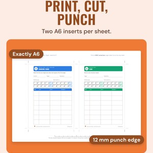 An A4 sheet with two A6 sinking fund inserts, crop marks and a 100 mm scale bar; callouts read Exactly A6 and 12 mm punch edge.