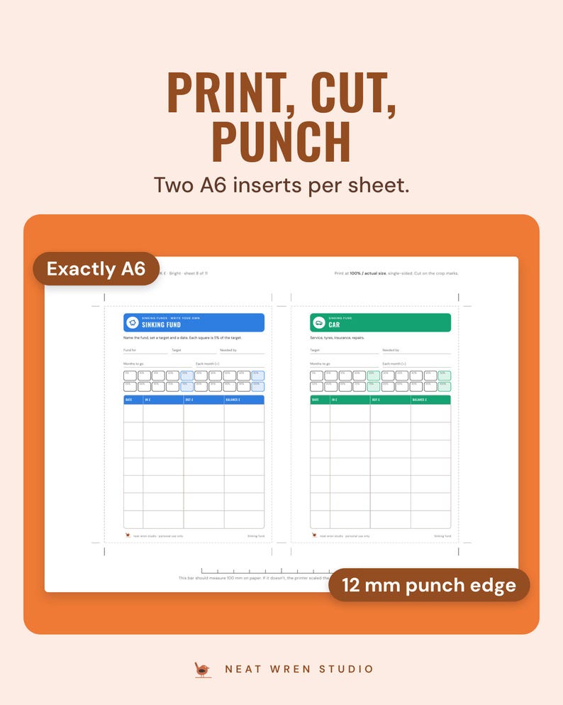 An A4 sheet with two A6 sinking fund inserts, crop marks and a 100 mm scale bar; callouts read Exactly A6 and 12 mm punch edge.