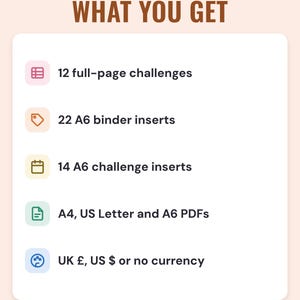 What you get: 12 full-page challenges, 22 A6 binder inserts, 14 A6 challenge inserts, A4, US Letter and A6 PDFs, UK pounds, US dollars or no currency.
