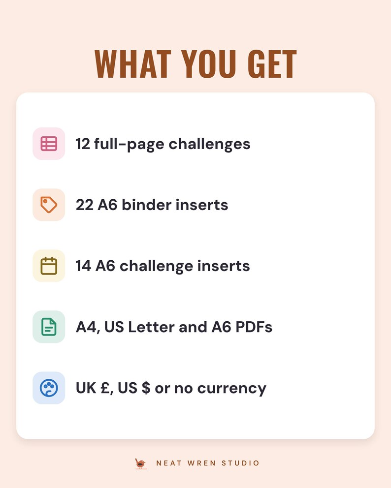 What you get: 12 full-page challenges, 22 A6 binder inserts, 14 A6 challenge inserts, A4, US Letter and A6 PDFs, UK pounds, US dollars or no currency.