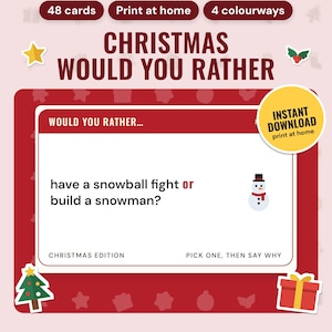 Christmas Would You Rather Cards Printable: main listing photo showing the product with an 'Instant download' badge and flat star, holly, Christmas tree and present icons. Digital product from Neat Wren Studio.