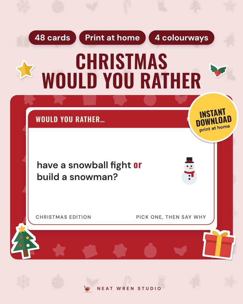 Christmas Would You Rather Cards Printable: main listing photo showing the product with an 'Instant download' badge and flat star, holly, Christmas tree and present icons. Digital product from Neat Wren Studio.