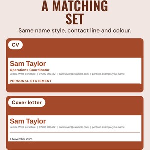 The top of the example CV and cover letter for Sam Taylor with the same name style and contact line, under the headline A matching set.