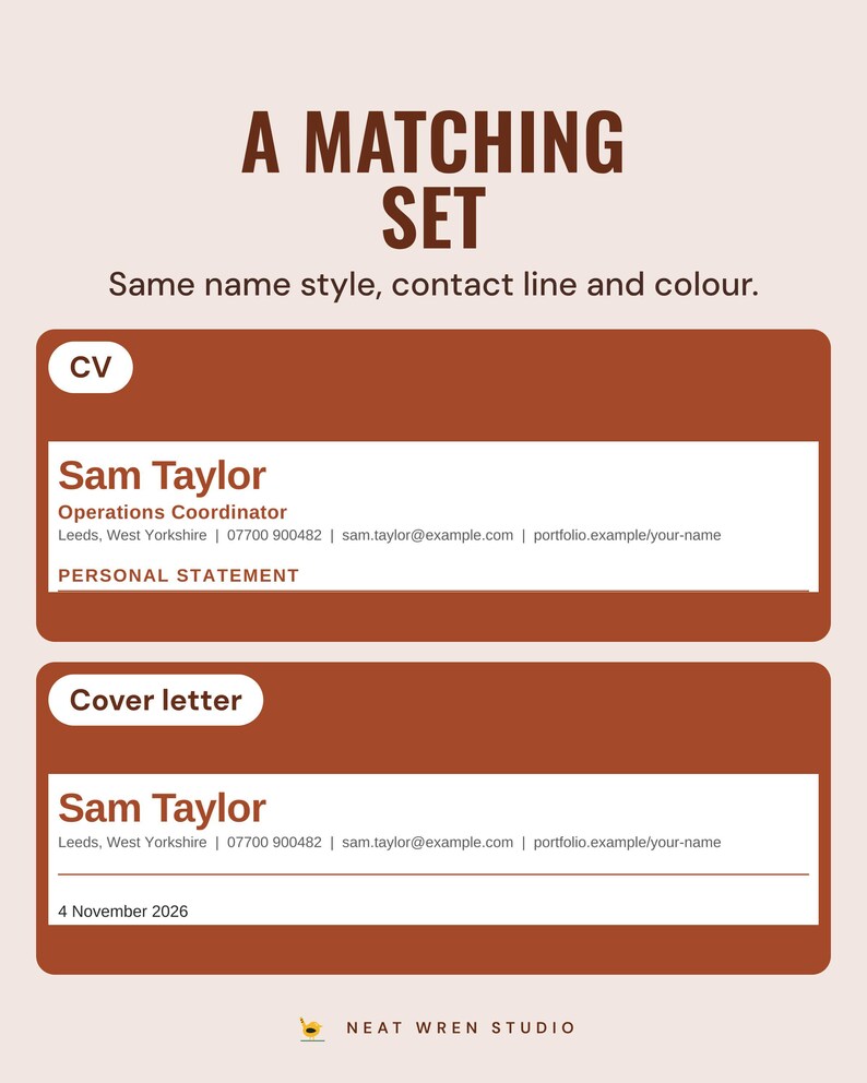 The top of the example CV and cover letter for Sam Taylor with the same name style and contact line, under the headline A matching set.