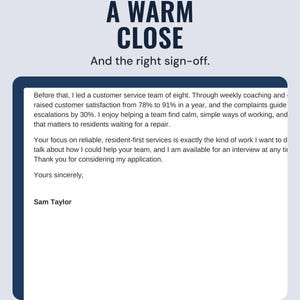 The last paragraphs of the example cover letter ending Yours sincerely and the name, under the headline A warm close, and the line And the right sign-off.