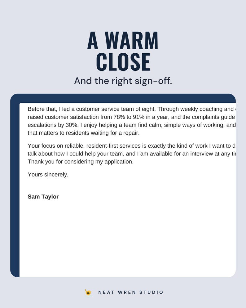 The last paragraphs of the example cover letter ending Yours sincerely and the name, under the headline A warm close, and the line And the right sign-off.