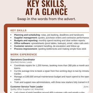 The key skills section of the example CV, such as planning and scheduling and supplier management, under the headline Key skills, at a glance.