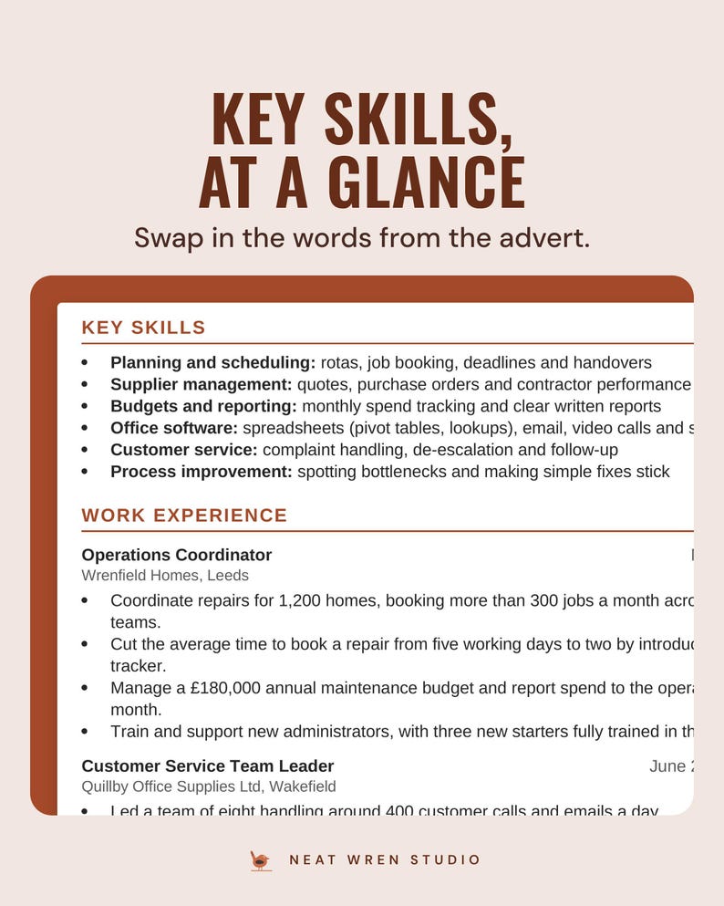 The key skills section of the example CV, such as planning and scheduling and supplier management, under the headline Key skills, at a glance.