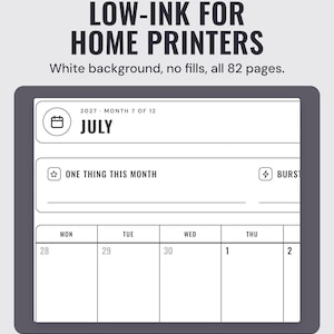 The low-ink July 2027 month page: black outlines on white, with One thing this month and the first days of the calendar grid.