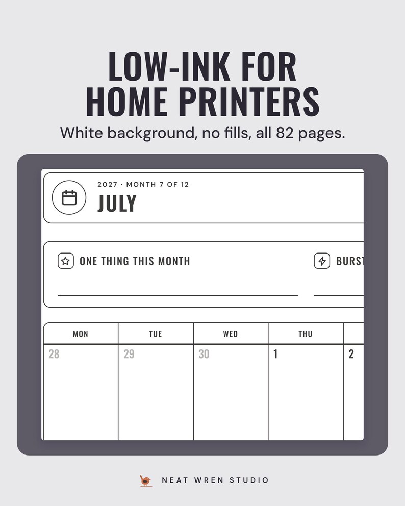 The low-ink July 2027 month page: black outlines on white, with One thing this month and the first days of the calendar grid.