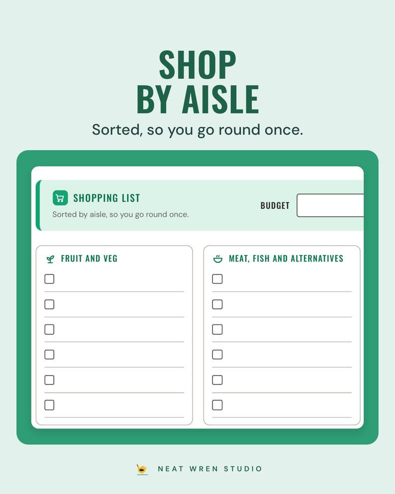 The shopping list page with tick boxes under fruit and veg and meat, fish and alternatives, under the headline Shop by aisle, and the line Sorted, so you go round once.