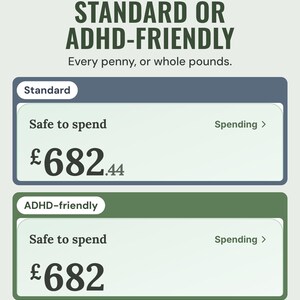 Safe to spend shown as £682.44 in Standard mode and £682 in ADHD-friendly mode, under the headline Standard or ADHD-friendly, and the line Every penny, or whole pounds.