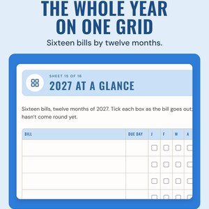 The 2027 at a glance bill grid with a tick box for each bill in every month, under the headline The whole year on one grid, and the line Sixteen bills by twelve months.